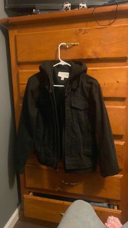 Black hooded denim jacket