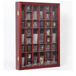 Furnishh 36 Slots Shot Glass Display Case with Lockable Door, Solid Wood Cabinet Collection Holder Wall Mounted Shot Glass Display Storage Box with Re