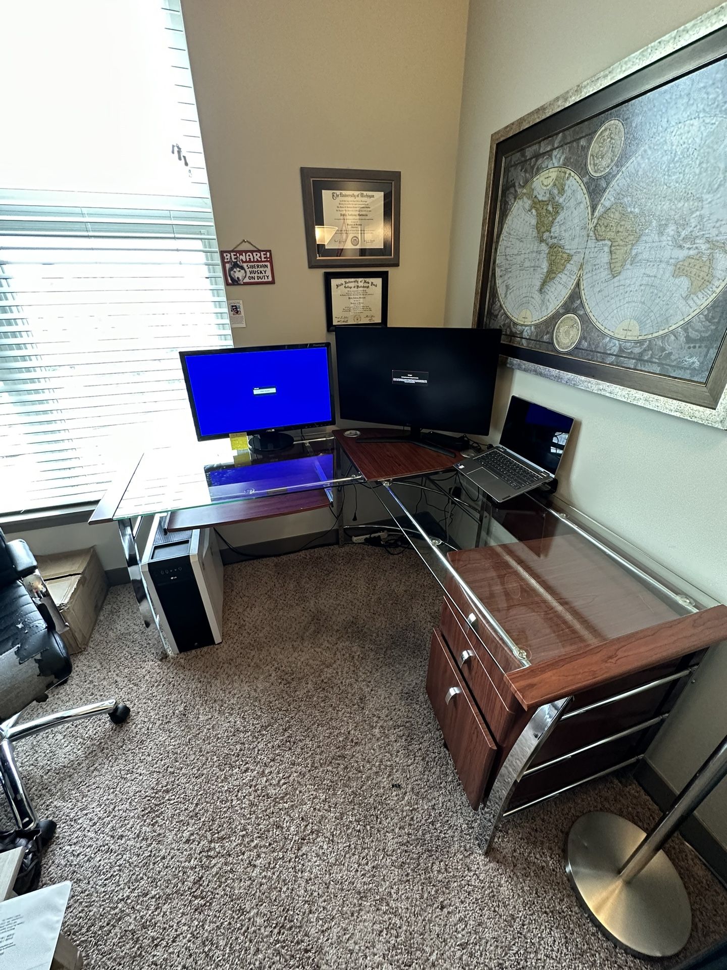 Large Glass Corner Office Desk & Matching File for Sale in