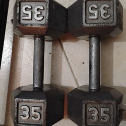 PAIR  OF   35 LB.  STEEL  HEX  DUMBBELLS