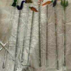 Cocktail Stir Sticks Set of 8 Vintage GLASS Barware SWIZZLE STICKS-frog Parrot..