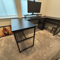 Unikito U Shaped Office Desk with Power Outlet and LED Strip, Reversible L Shaped Computer Desk with Monitor Stand & Storage Shelves, U- Shape Gaming 