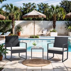 New 3 Pieces Patio Bistro Sets Outdoor Wicker Furniture Sets Modern Rattan Chair Conversation Sets with Coffee Table for Yard and Bistro New in box V