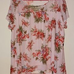 Boutique Pink Floral Babydoll Tunic Short Sleeve Blouse.
