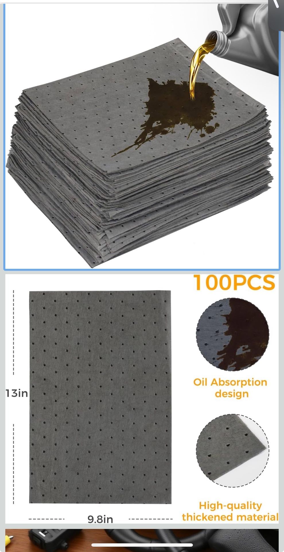 100Pack, Gray, 9.8" x 13"Oil Absorbent Pads. Heavy-Duty Absorbent Pads for Garage Accessories,Basement,Auto Repair,Leak Control and Floor Protection.