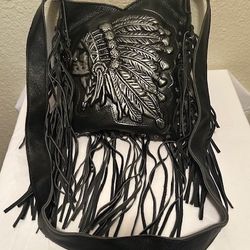 New, Fabulous, Raviani Western Crossbody Leather Bag W/ Indian Chief Fringe &amp; Silver Studs