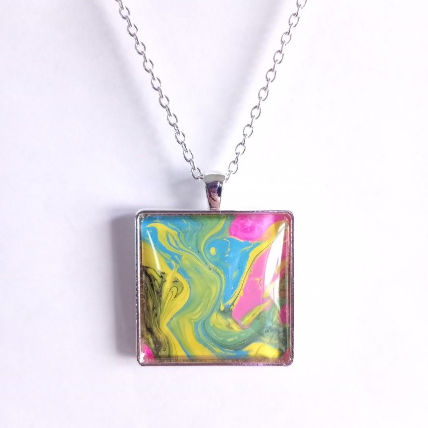 Multicolor Acrylic Paint Pour Swirl Square Pendant 