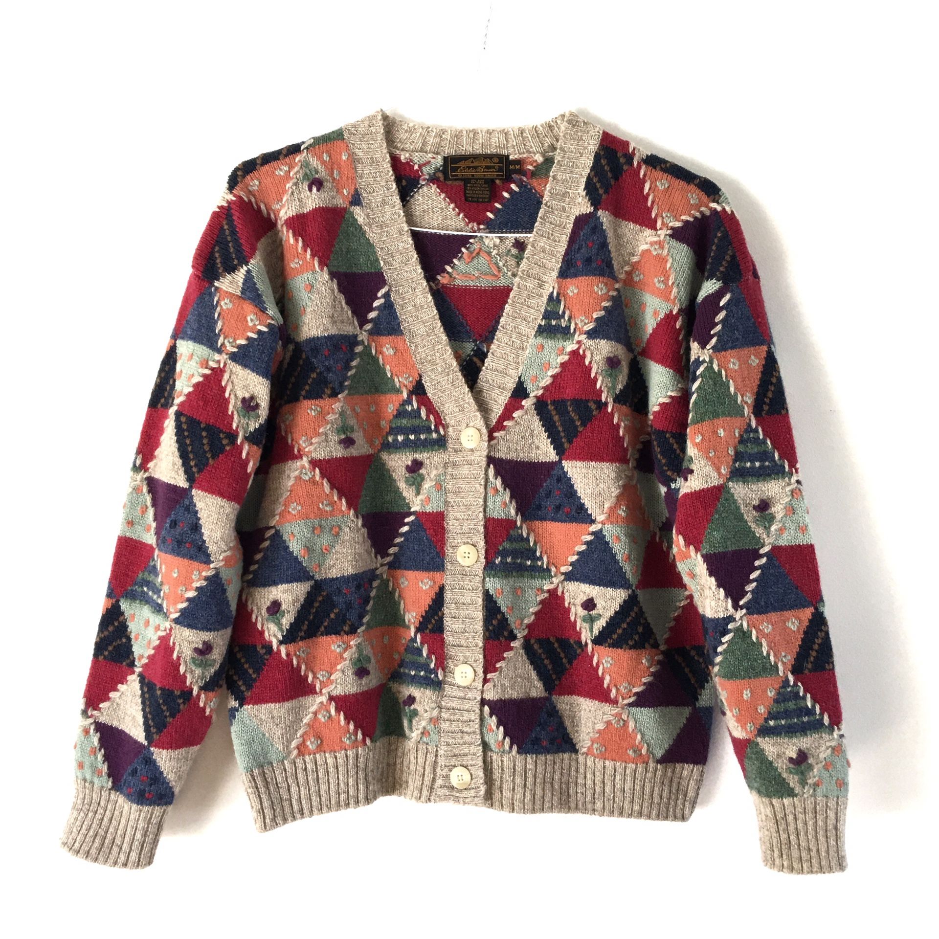 EDDIE BAUER Wool Cardigan Button Jacket Diamonds ~ M