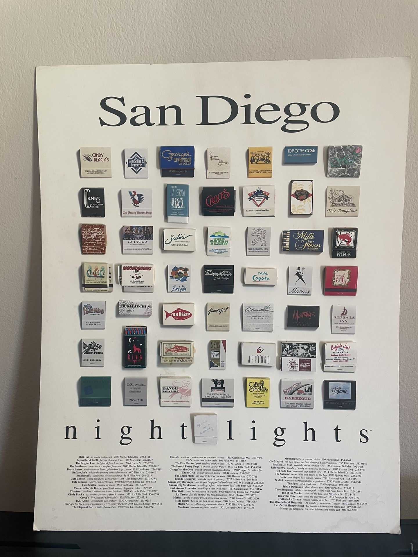 Vintage San Diego "Night Lights" Poster Board W/ Real Match Boxes, 24x30