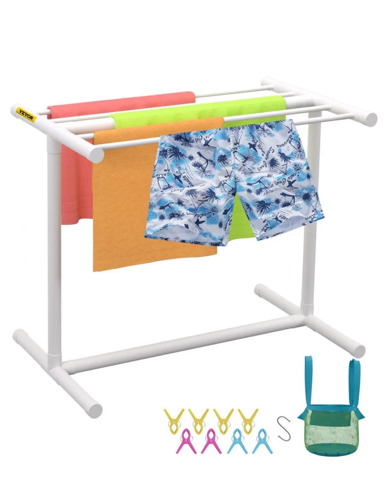 Towel Rack, 5 Bars Outdoor PVC Towel Holder, Floor Standing Pool Towel Hanger Stand with Clips, Bag & Hook, Outdoor Indoor Quilt Drying Rack Org