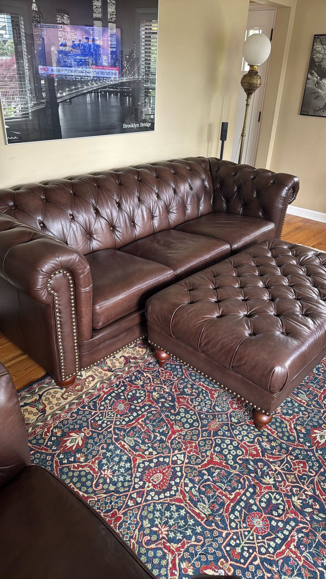 Chesterfield sofa, chair, and ottoman