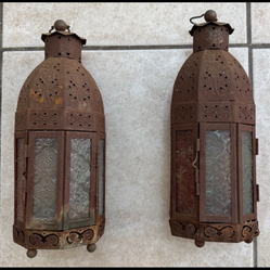 Vintage Rusted Decorative Moroccan Candle Lantern’s 11’’ Tall Metal & Glass
