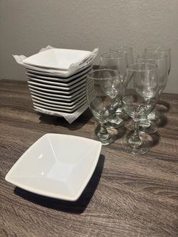 White Square Ceramic Bowls + Wine Glasses