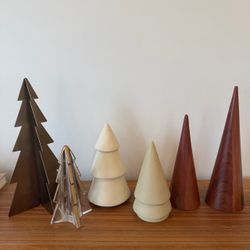 Modern Tabletop Christmas Trees – Set of 6 (Wood, Ceramic, Glass, Brass)