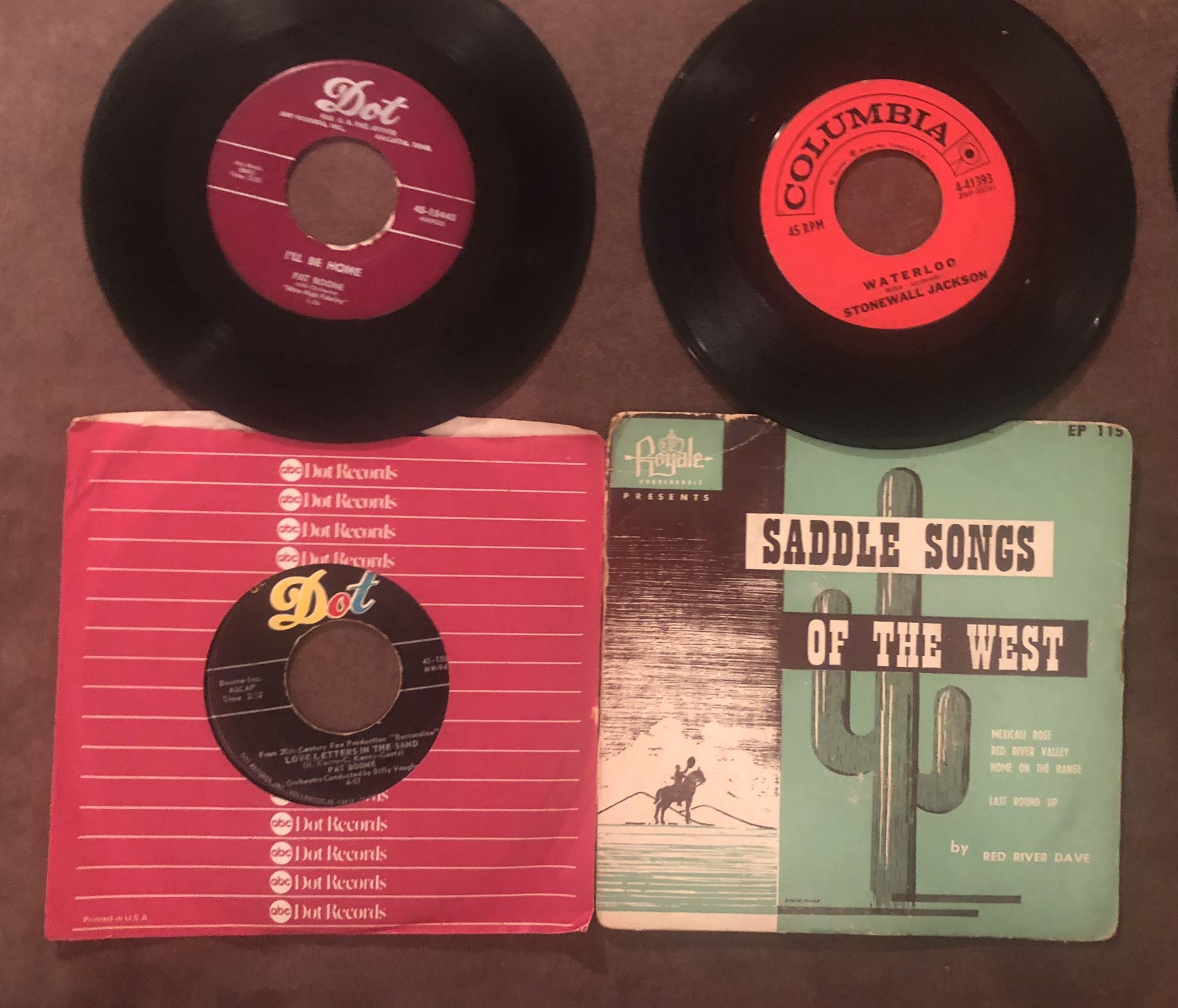 4 Country Music Vinyl 45 Records-Stonewall Jackson-Pat Boone-Saddle Songs-GC