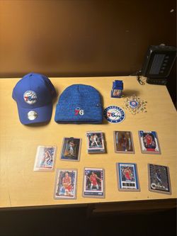 76ers hat, beanie, 2 ornaments, magnet, and collector cards
