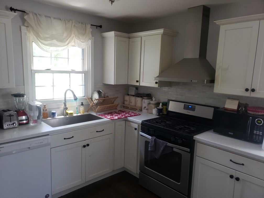 Kitchen cabinets(take the pcs u like or the whole set) large stainless steel sink, and countertops.