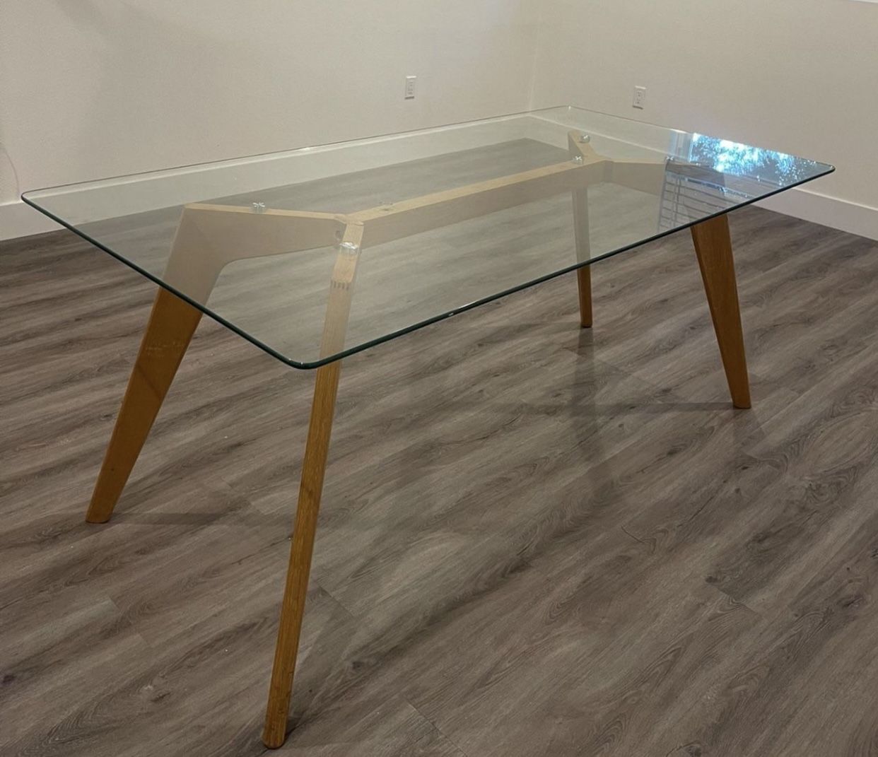 Mid Century Modern Glass 36” x 71” Dining Table Desk Tapered Wood Legs