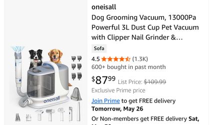 oneisall Dog Grooming Vacuum, 13000Pa Powerful 3L Dust Cup Pet Vacuum with Clipper Nail Grinder & Shedding Brush, 7 in 1 Dog Grooming Kits, Quiet, Lar