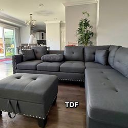 Brand New Charcoal Linen Sectional Sofa +Storage Ottoman (New In Box) 
