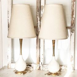 2 Vintage White & Gold Ceramic, Wood & Metal Mid Century Modern Lamps.