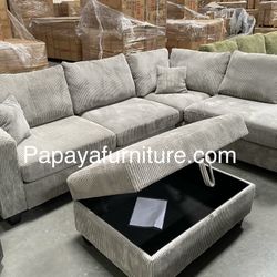 New! Plush Gray Sectional, Sectional And Storage Ottoman, Sectionals, Sofa, Couch, Gray Couch, green Couch, Corduroy Sectional, USB Charger Sofa Dimen