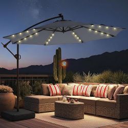 10ft Solar LED Outdoor Cantilever Patio Umbrella with Base