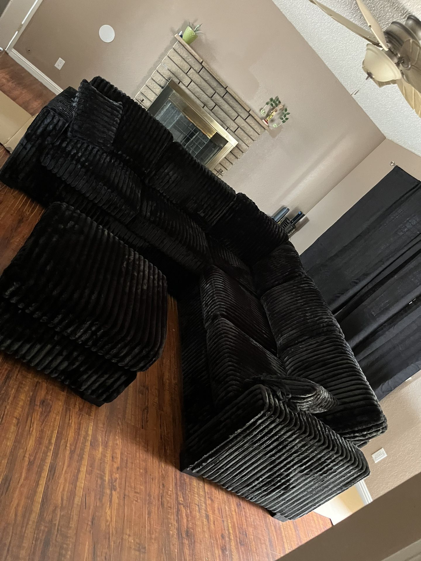 New 99x99 Black Furry Corduroy Sectional Couch With Ottoman / Free Delivery