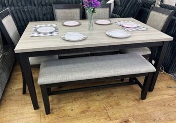 ✅️6 pc bridget ii two tone finish wood dining table set padded seat chairs and bench✅️✅️