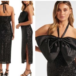 Bow Sequin Halter Midi Dress Black
