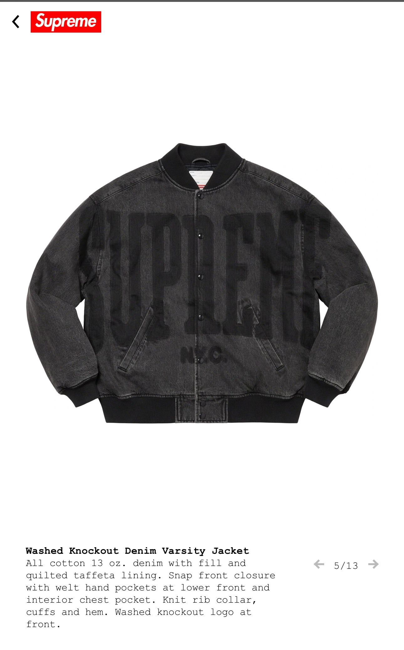 Supreme Washed Knockout Denim Varsity Jacket Black Small