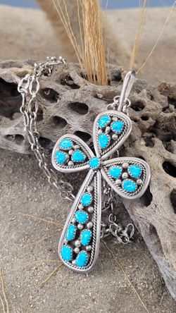 Old Pawn  Native  American Turquoise Silver Cross Pendant  & Chain 