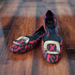 Roger Vivier Trompette D'Orsay Flat Red and black leopard print SZ EU 39 US 8.5 