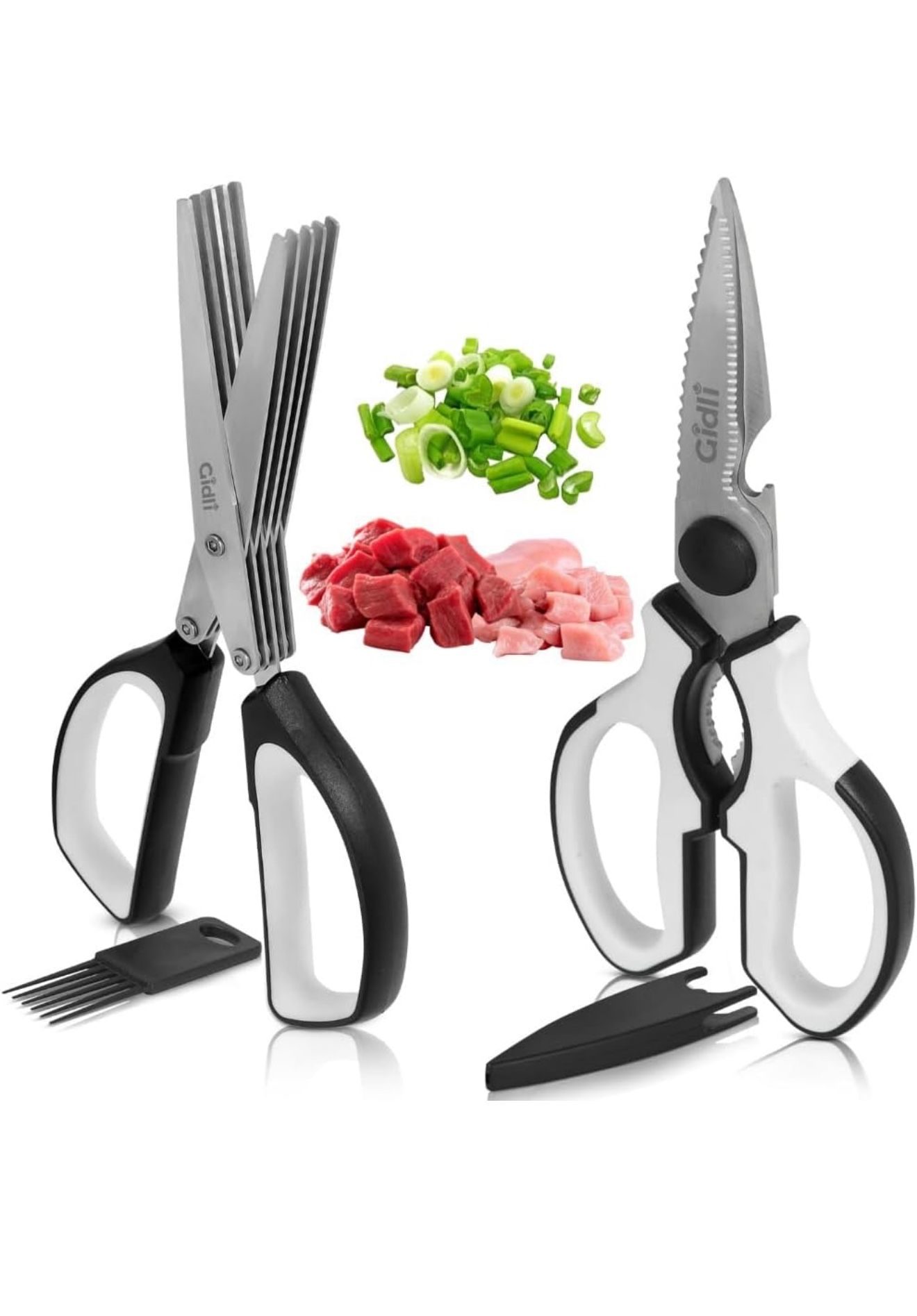 Brand New 2 Pack Kitchen Scissors & Kitchen Shears- Herb Scissors with 5 Blades and Cover - Heavy Duty