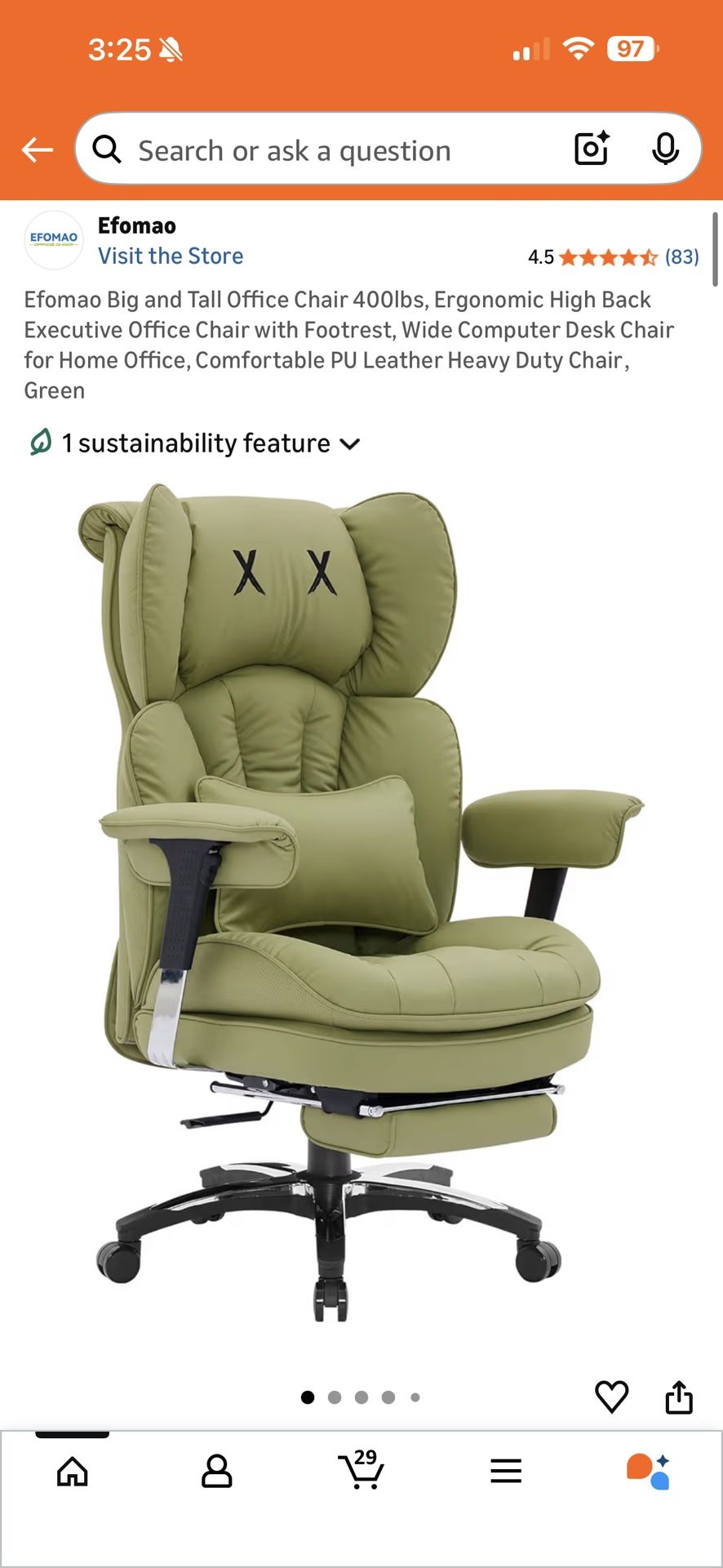 Brand New Sage Vegan Leather Tall Back Big & Tall Executive Office Chair w/Slide Out Footrest