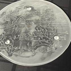 Mikasa Christmas Spirit frosted glass cake plate with embossed winter scene. 14”
