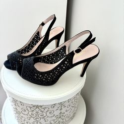 DREAM PAIRS Women's Size 8 High Heels Platform Rhinestones Peep Toe Pumps Shoes, Black