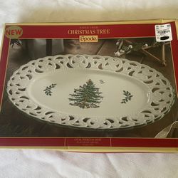 New Spode Christmas Tree Oval Pierced Dish Serving Plate 14”x 9.5”