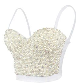 Women's Sexy Pearls Beaded Rhinestone Bustier Crop Top Push up Corset Top with Detachable Straps
