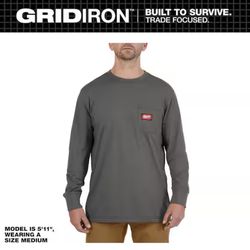 Milwaukee Men's Large Gray GRIDIRON Cotton/Polyester Long-Sleeve Pocket T-Shirt
