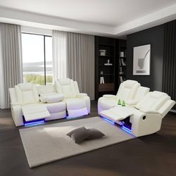 White Leather Power Electric Recliner Sofa Set
