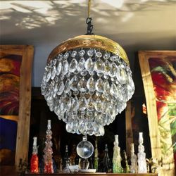 VINTAGE GILDED Basket Chandelier Crystal Waterfall Light 1960s Hollywood Regency