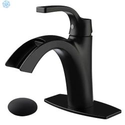 Waterfall Single Hole Single-Handle Low-Arc Bathroom Faucet With Pop-up Drain in Matte Black