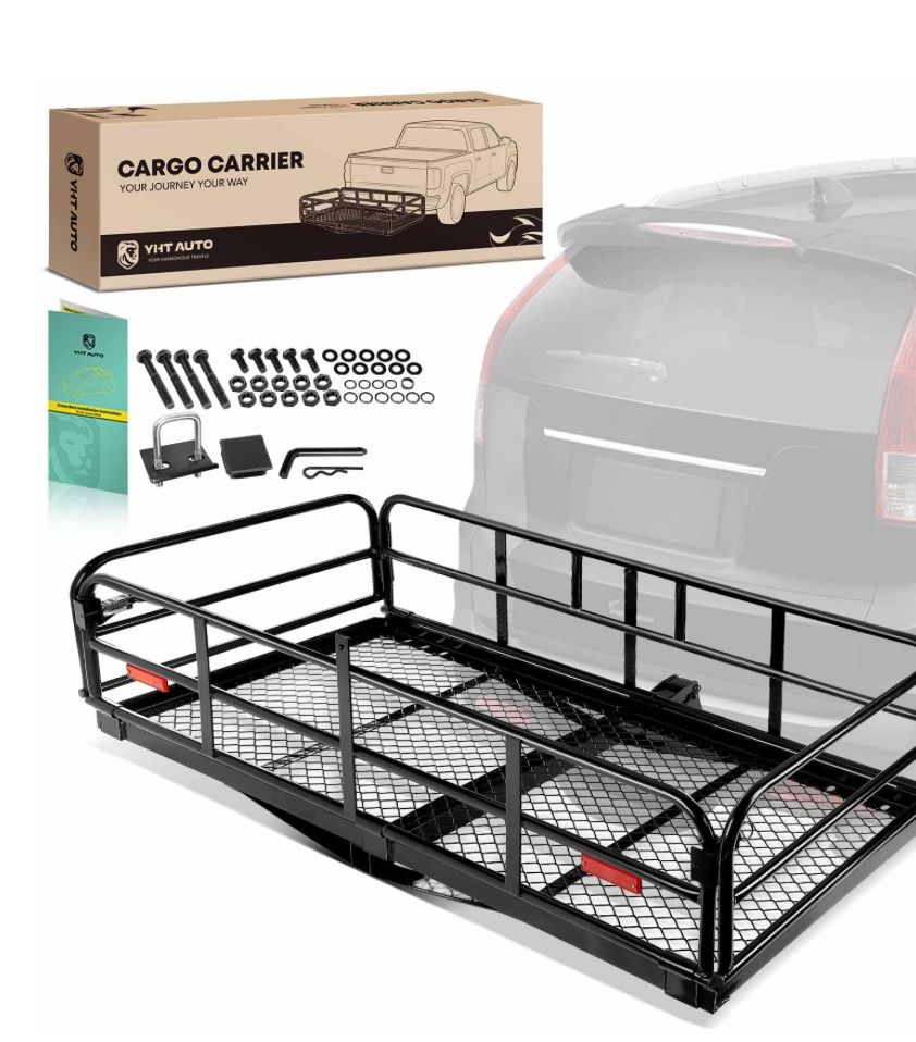 YHTAUTO 60" X 24" X 14.5" Tow Folding Trailer Hitch Cargo Carrier 500 Lbs Manganese Steel Heavy Duty Capacity Cargo Carrier Hitch Mount, Fits 2" Recei