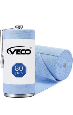 Veco Microfiber Cleaning Cloth Roll with Holder 80 PCS, 12" x 12" Blue Tear Away Reusable Towels, Lint-Free & Streak-Free Cleaning Cloths, Paper Towel