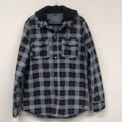 Volcom Flannel Hooded Button Shirt Black And Plaid Size Medium Long Sleeve