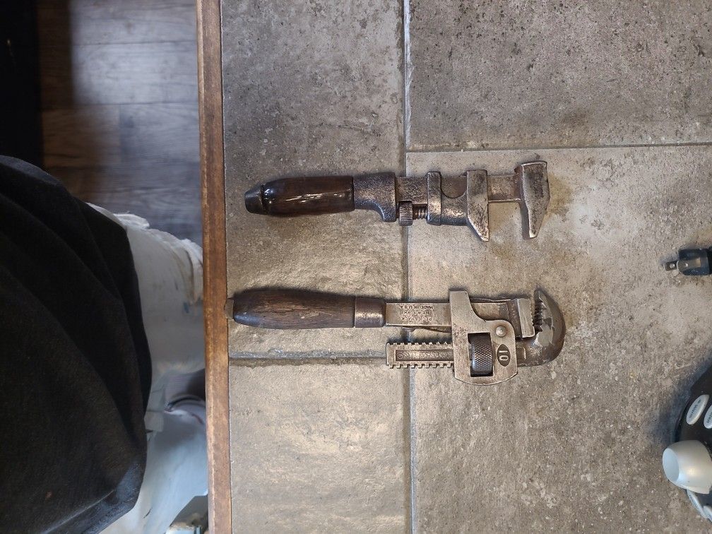 vintage Peck&Mack monkey wrench/pipe wrench, and another vintage mechanic wrench