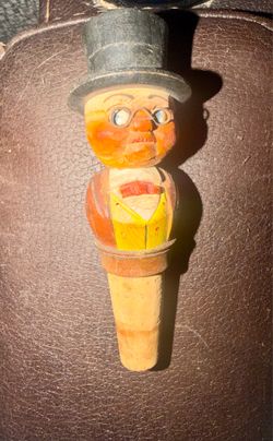Vintage Anri Italy Carved Wood Bottle StopperMan w/ Hat & Glasses