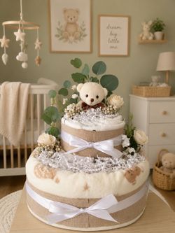 New gender neutral teddy bear diaper cake gift