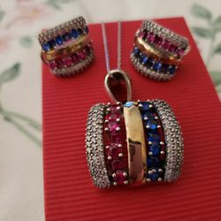 Silver / Gold 925  CZ Pendant Earring Set 19 Gram Multicolor